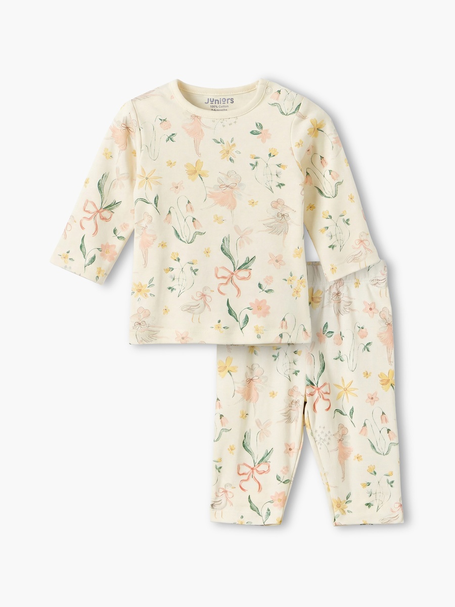 Cotton Round Neck Long Sleeves Pyjama Set with Botanical Print