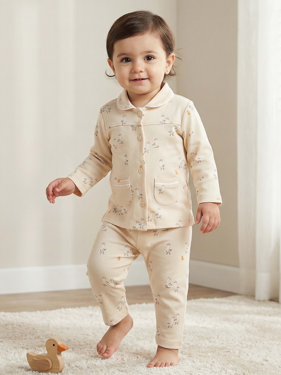 Cotton Collared Long Sleeves Pyjama Set with Duck Print
