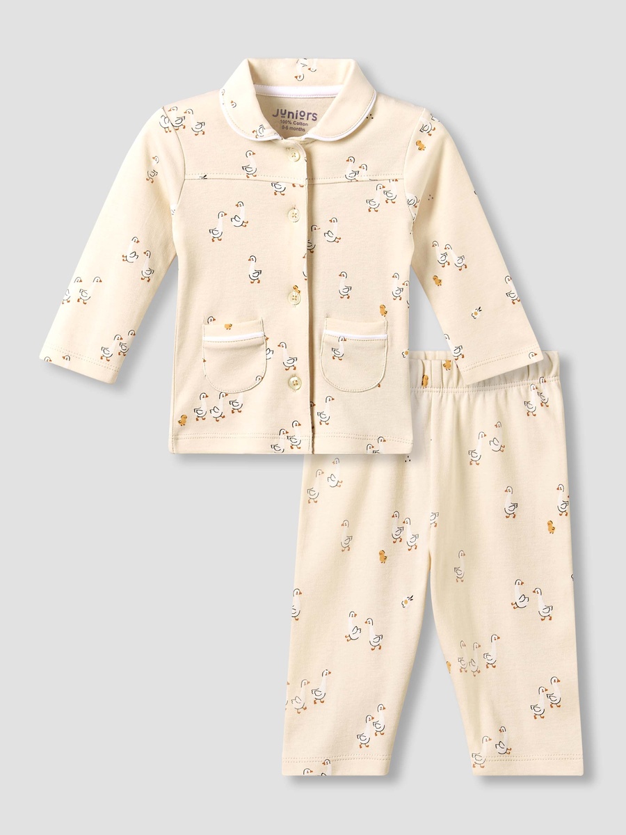 Cotton Collared Long Sleeves Pyjama Set with Duck Print