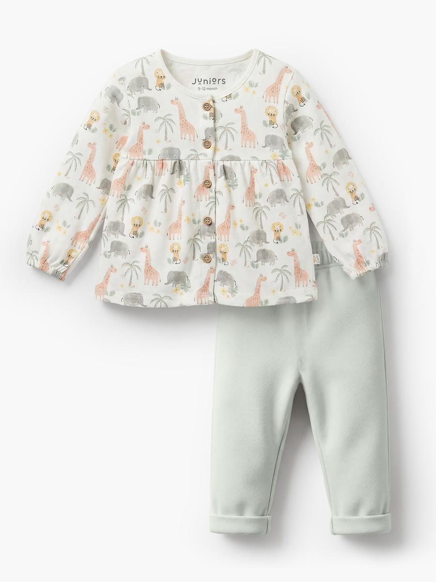 Cotton Round Neck Long Sleeves Pyjama Set with Safari Print