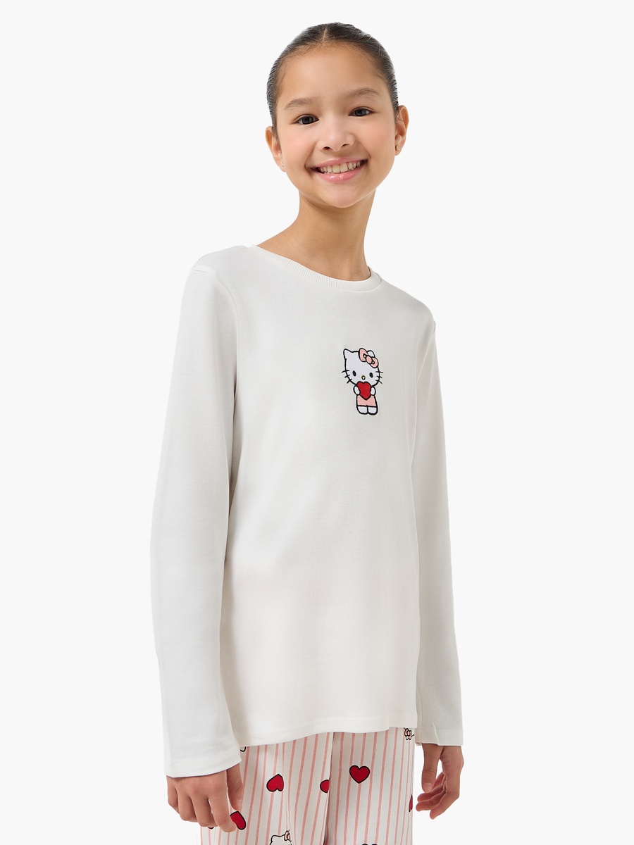 Cotton Round Neck Long Sleeves Pyjama Set with Hello Kitty Print