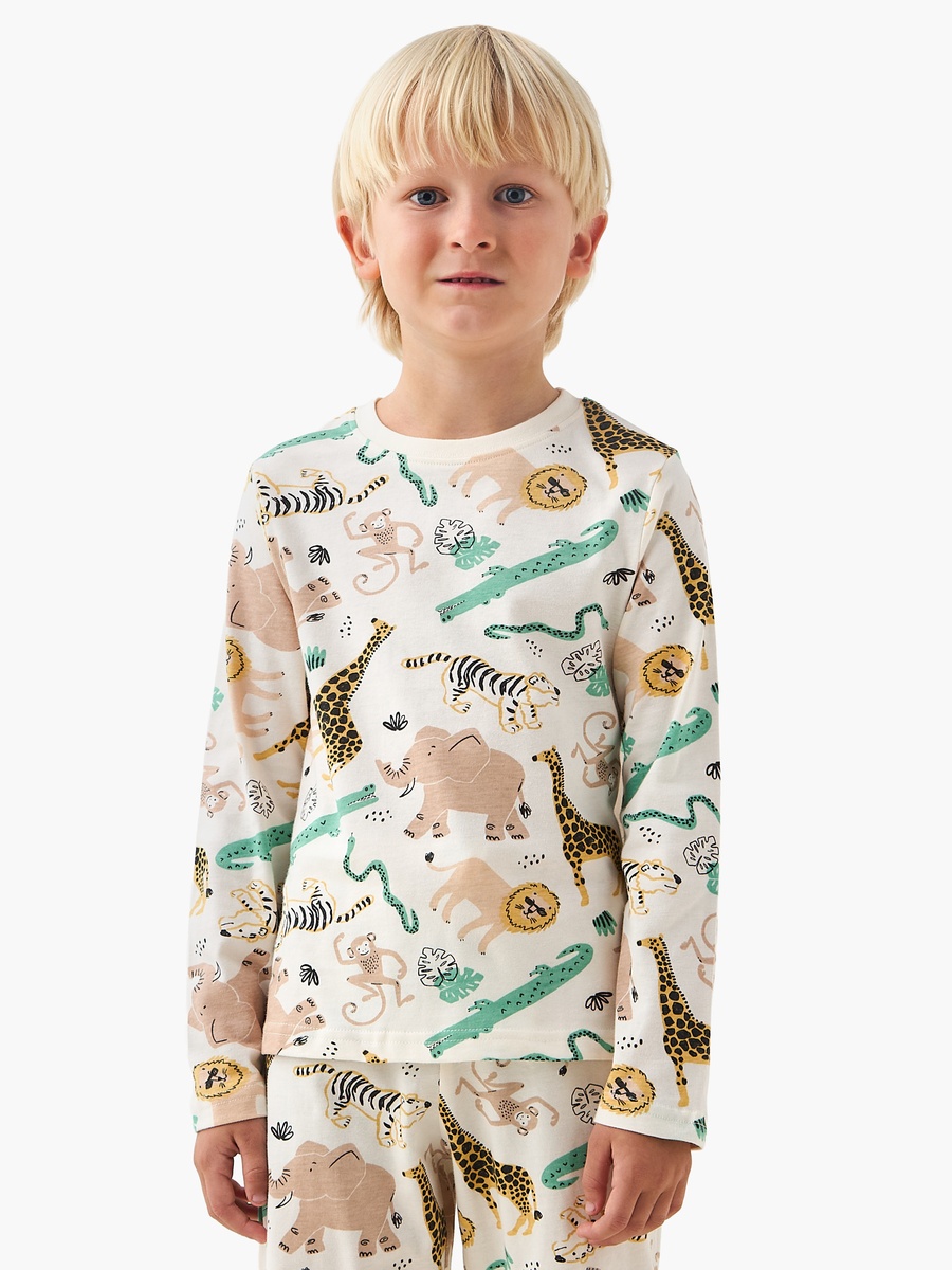 Cotton Crew Neck Long Sleeves Pyjama Set with Safari Print