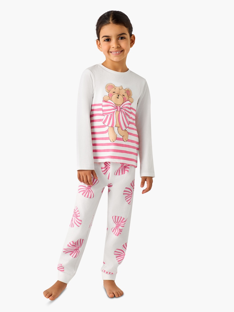 Cotton Crew Neck Long Sleeves Pyjama Set with Bear Print