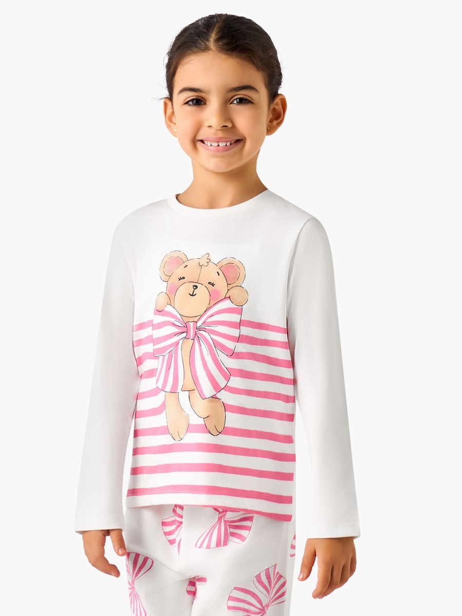 Cotton Crew Neck Long Sleeves Pyjama Set with Bear Print