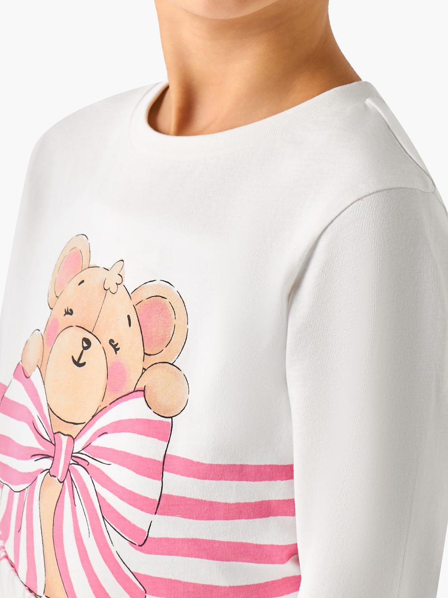 Cotton Crew Neck Long Sleeves Pyjama Set with Bear Print