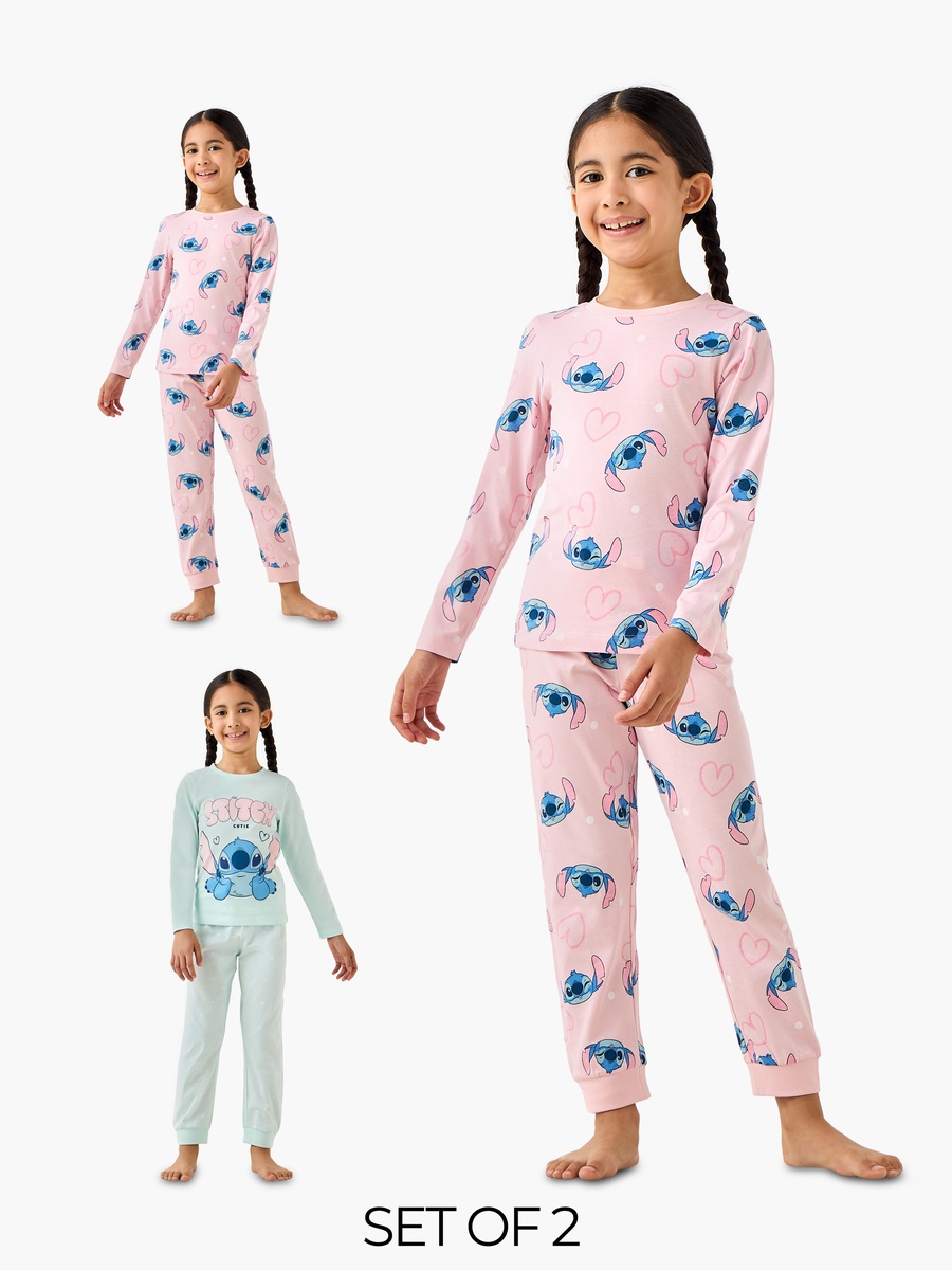 Pack of 2 Cotton Round Neck Long Sleeves Pyjama Set with Stitch Print