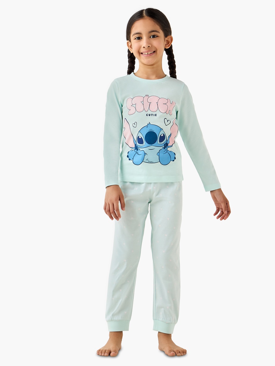 Pack of 2 Cotton Round Neck Long Sleeves Pyjama Set with Stitch Print