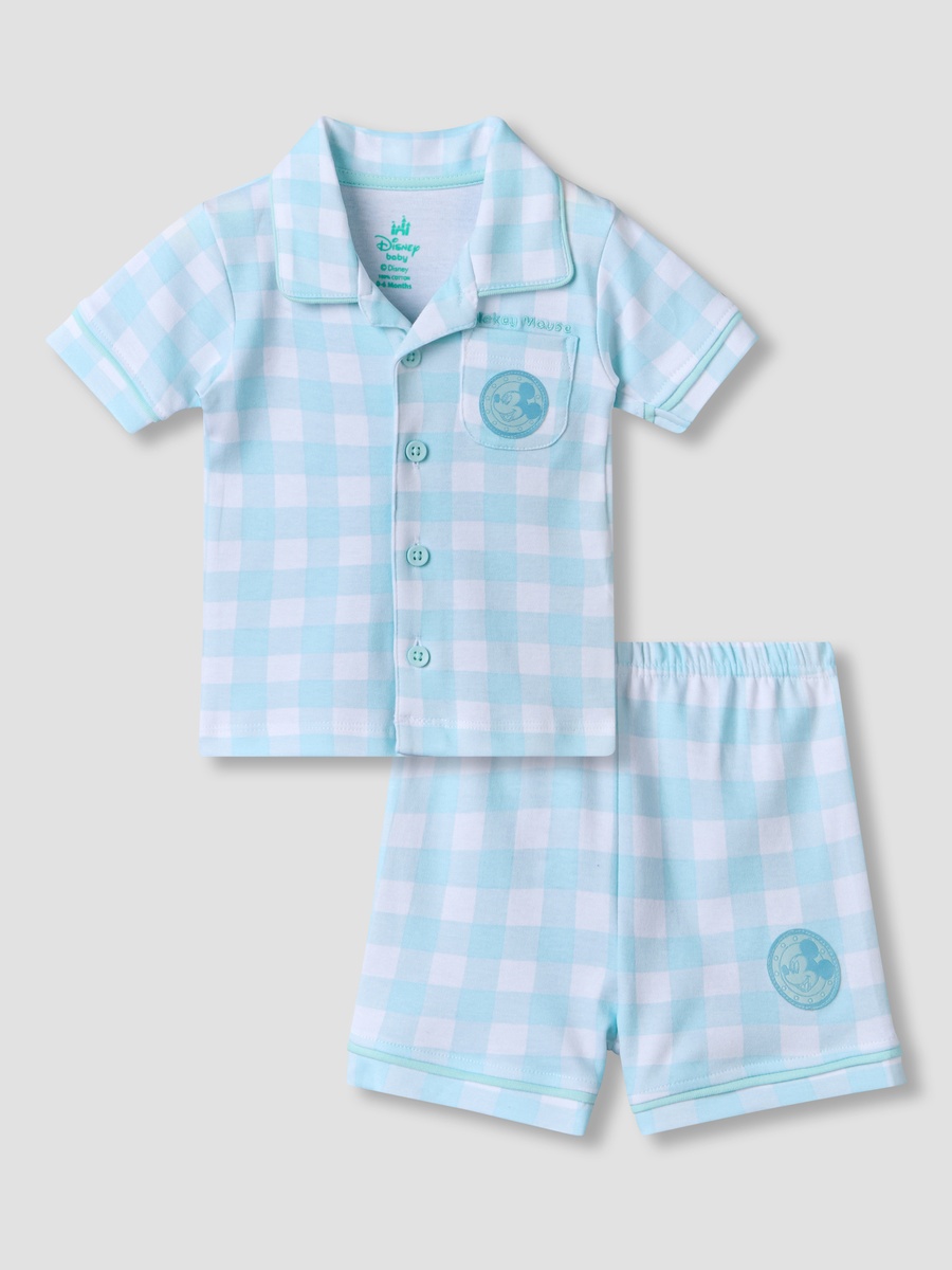 Collared Short Sleeves Shirt and Shorts Set with Mickey Mouse Applique