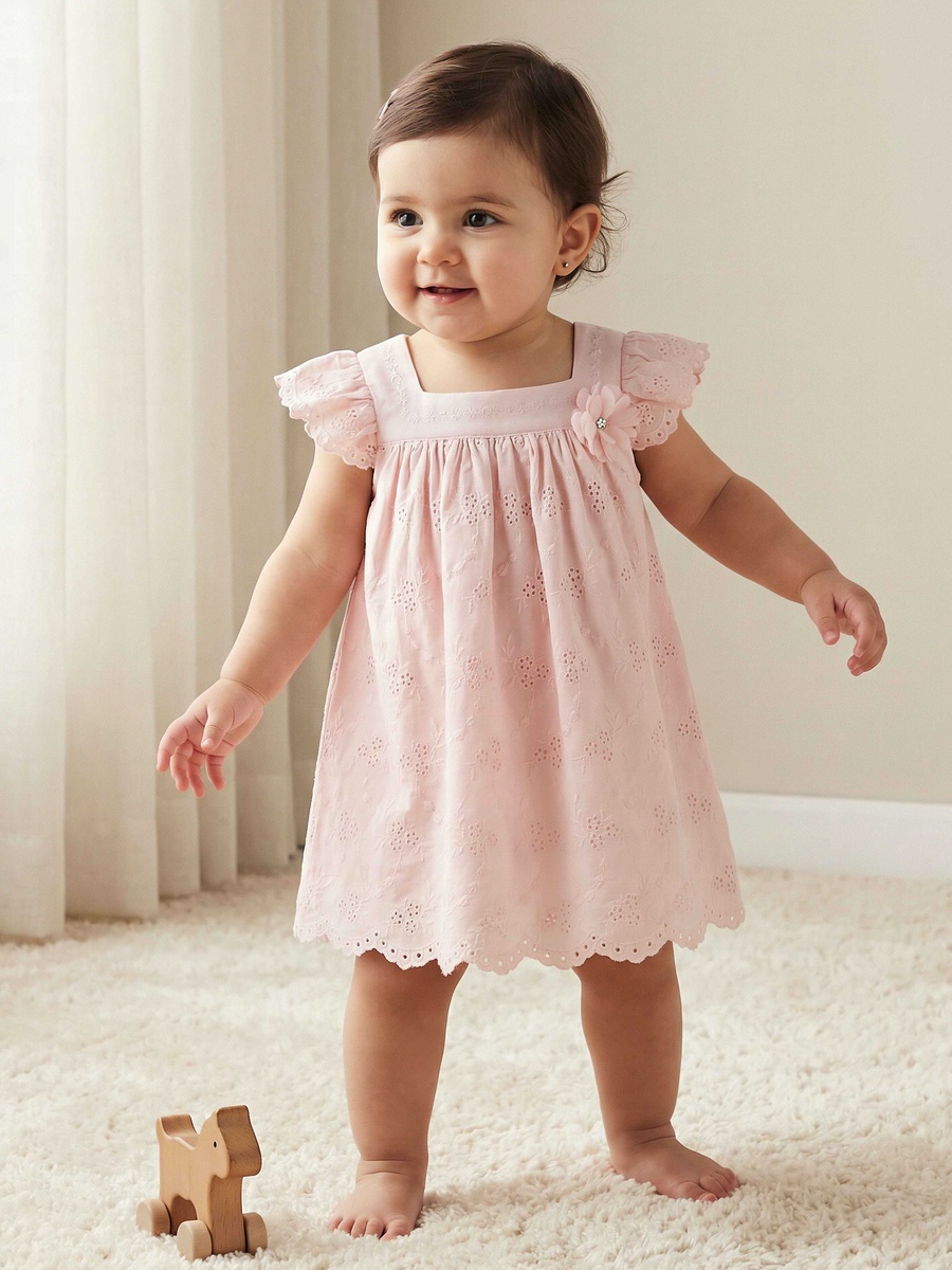 Square Neck Short Sleeve Dress with Embroidery
