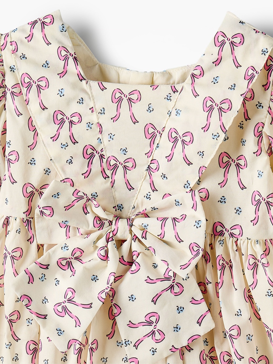 Square Neck Short Sleeves Prom Dress with Bow Print