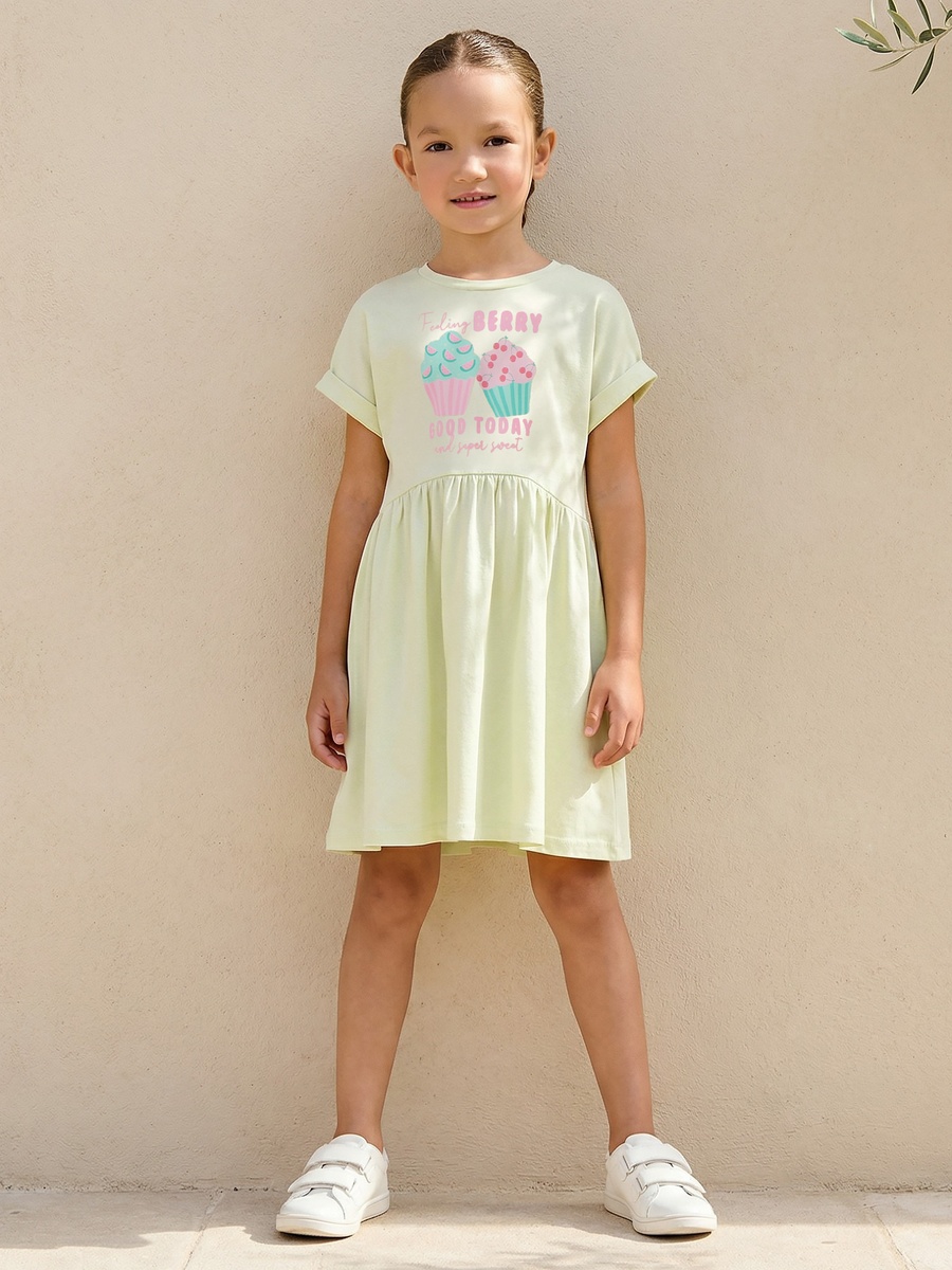 Round Neck Short Sleeves Knee Length A-Line Dress with Cupcake Print