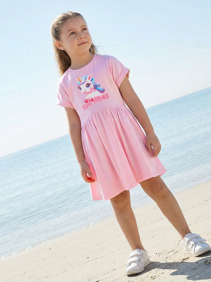 Round Neck Short Sleeves Knee Length A-Line Dress with Unicorn Print