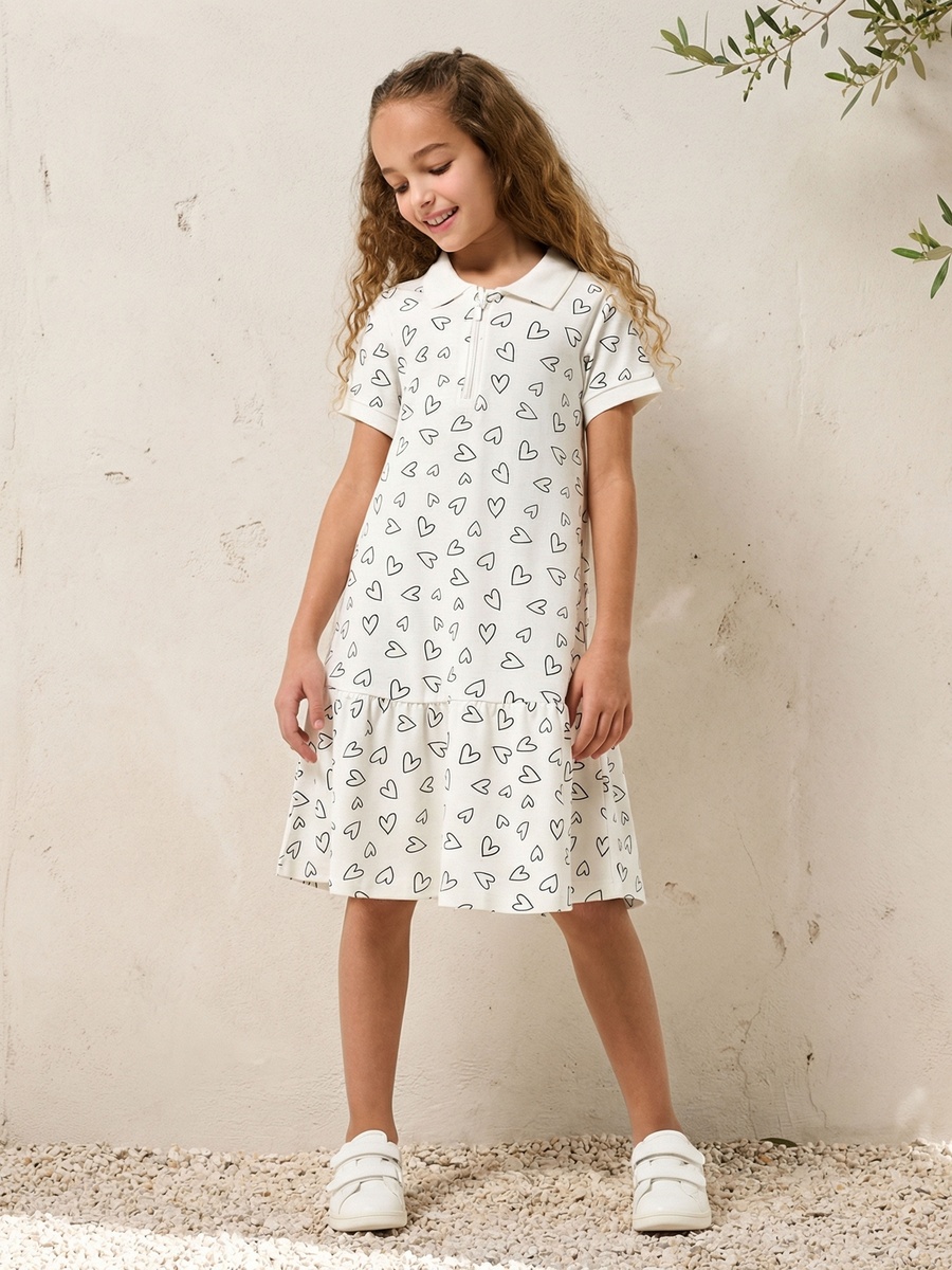Collared Short Sleeves Knee Length Polo Dress with Heart Print