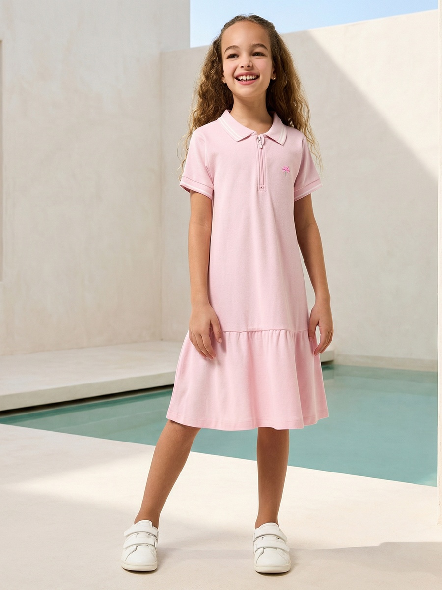 Collared Short Sleeves Knee Length Drop Waist Dress with Embroidered Design