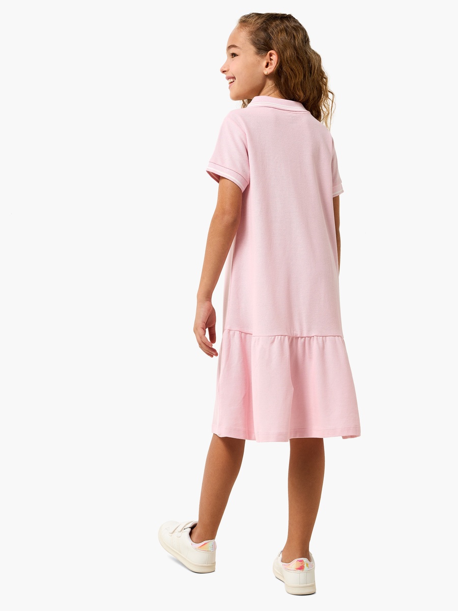 Collared Short Sleeves Knee Length Drop Waist Dress with Embroidered Design