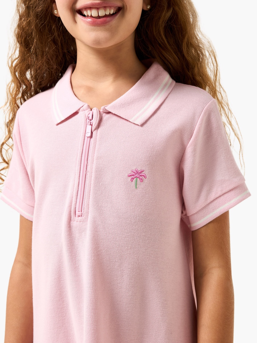 Collared Short Sleeves Knee Length Drop Waist Dress with Embroidered Design
