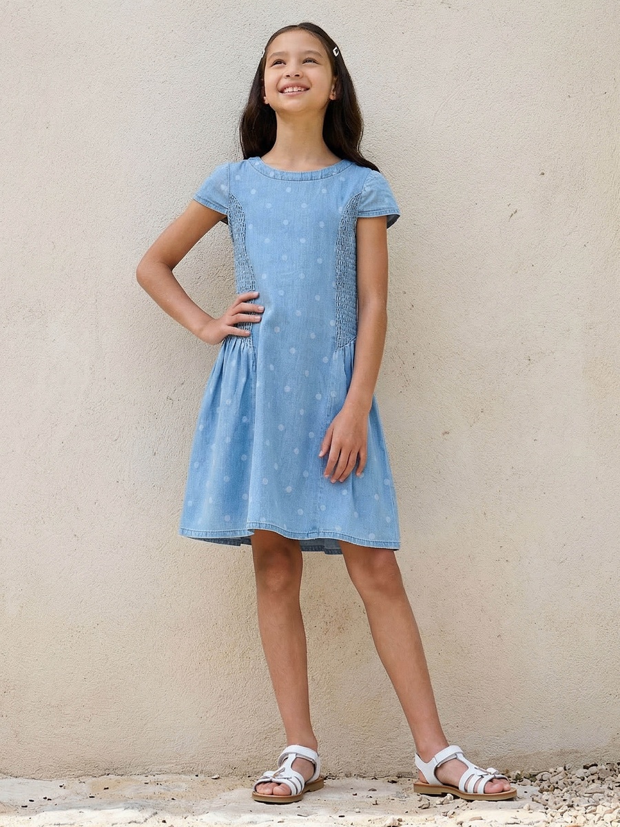 Round Neck Cap Sleeves Knee Length Denim Dress with Polka Dot Print