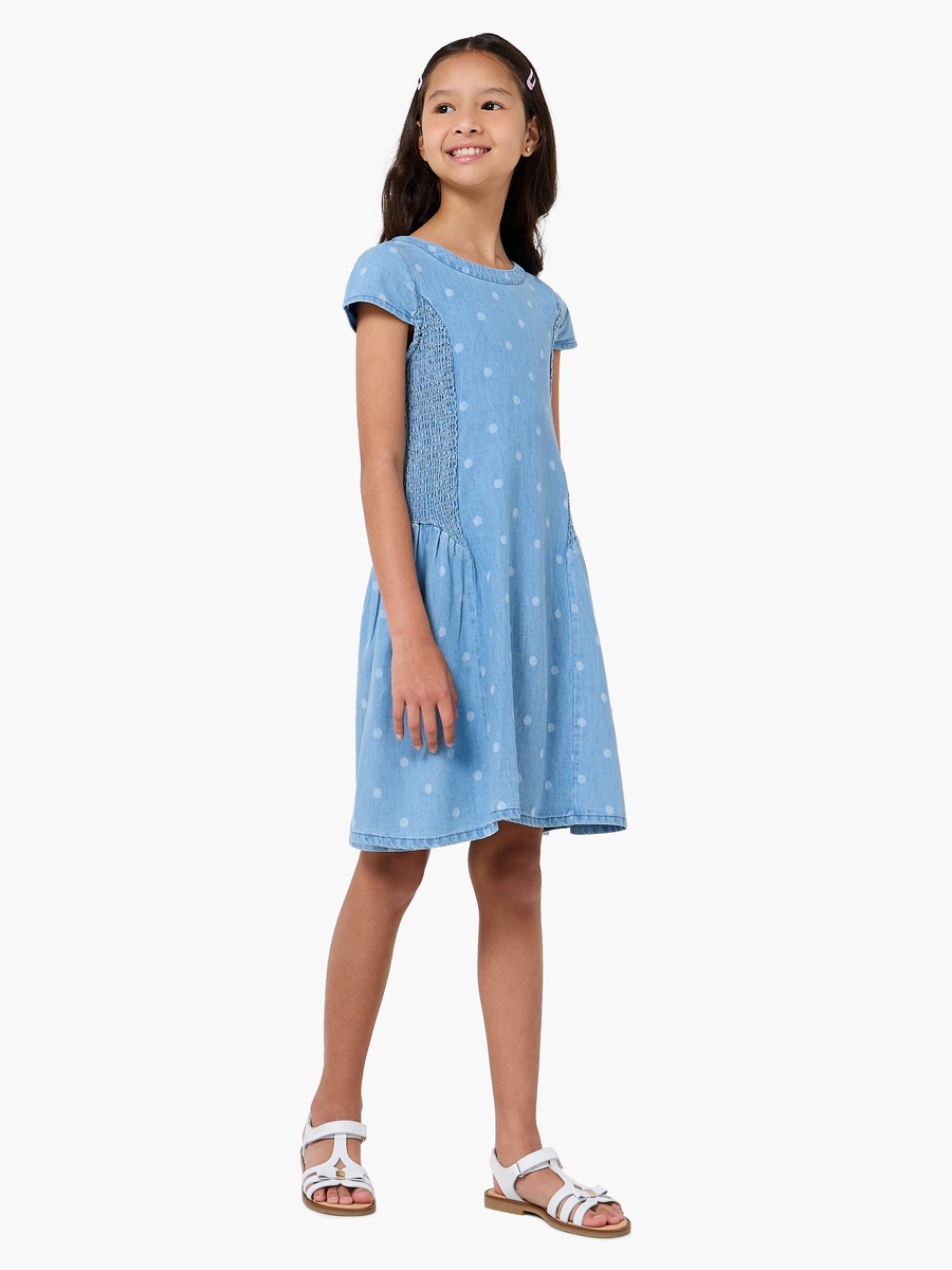 Round Neck Cap Sleeves Knee Length Denim Dress with Polka Dot Print