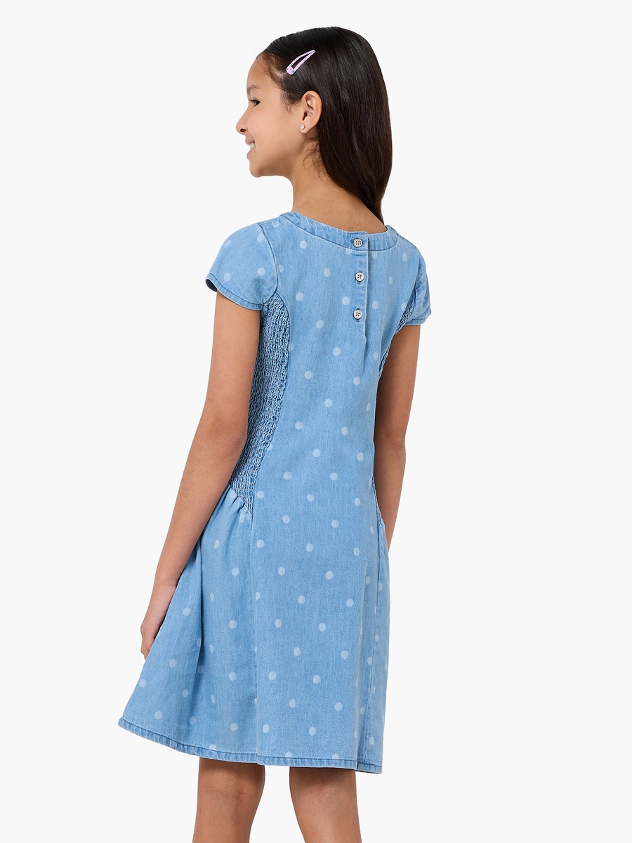 Round Neck Cap Sleeves Knee Length Denim Dress with Polka Dot Print