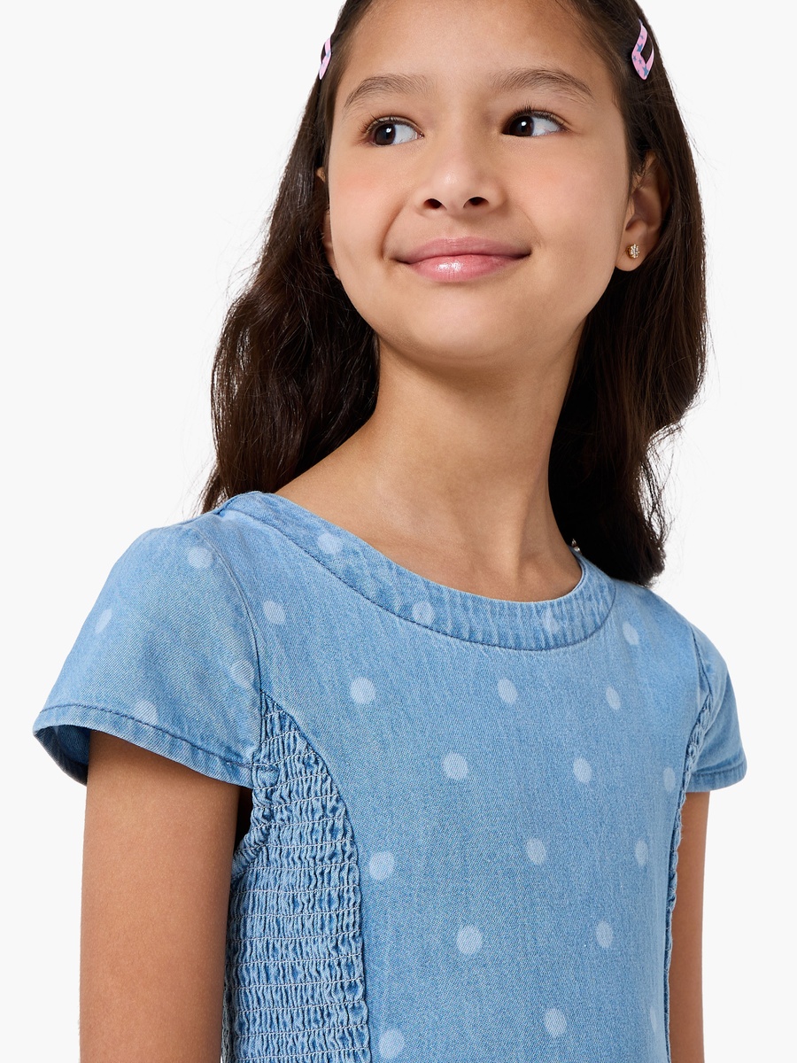 Round Neck Cap Sleeves Knee Length Denim Dress with Polka Dot Print