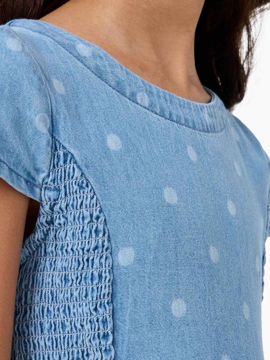 Round Neck Cap Sleeves Knee Length Denim Dress with Polka Dot Print