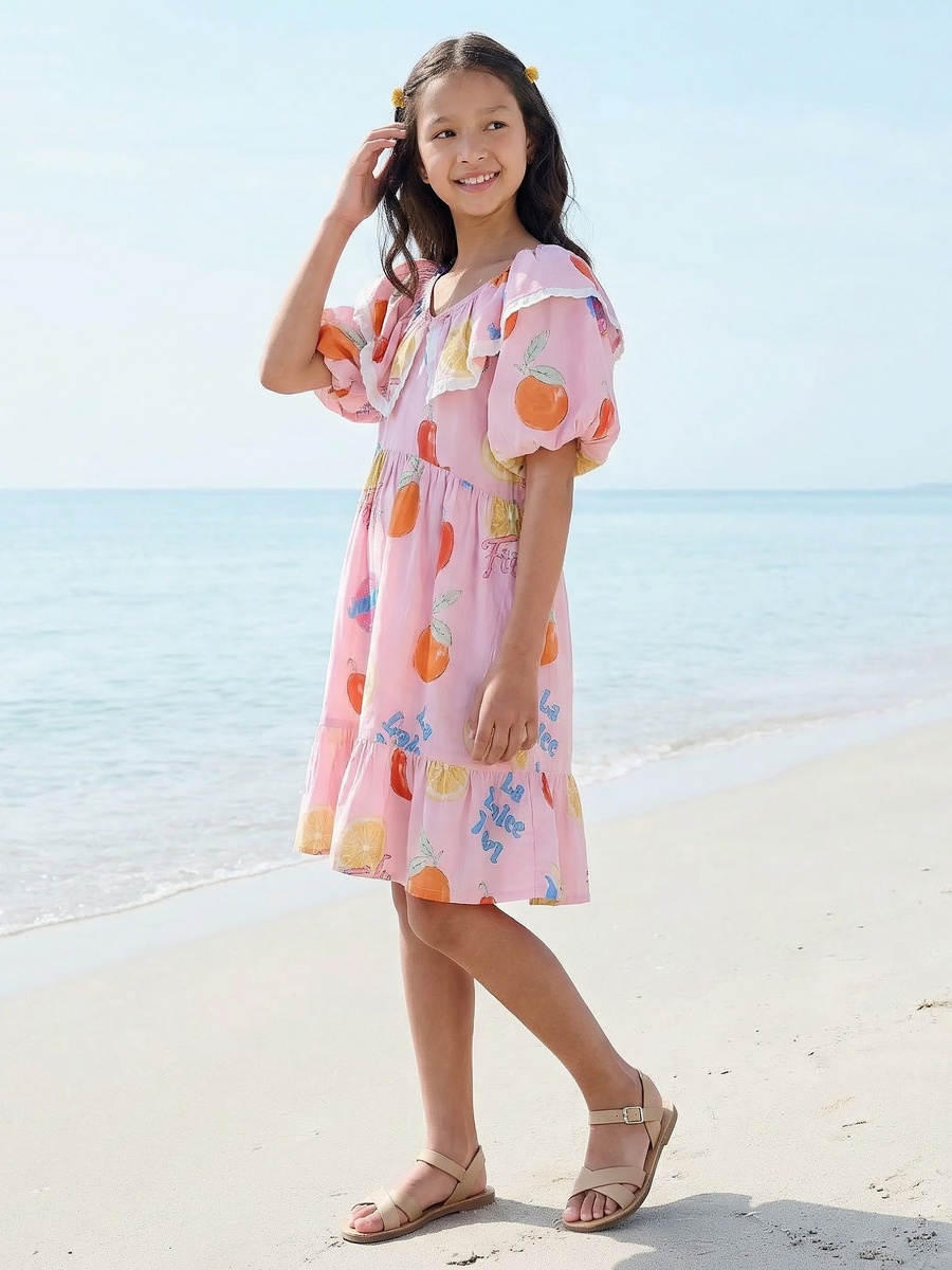 Ruffle Collar Short Sleeves Knee Length A-Line Dress with Print