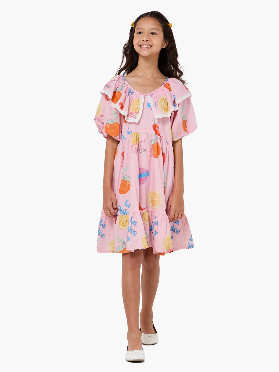 Ruffle Collar Short Sleeves Knee Length A-Line Dress with Print