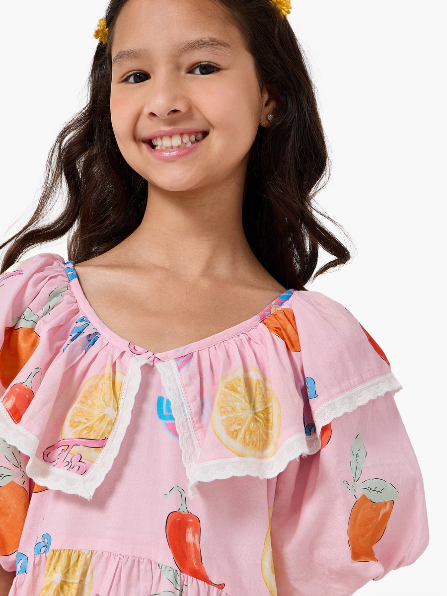 Ruffle Collar Short Sleeves Knee Length A-Line Dress with Print