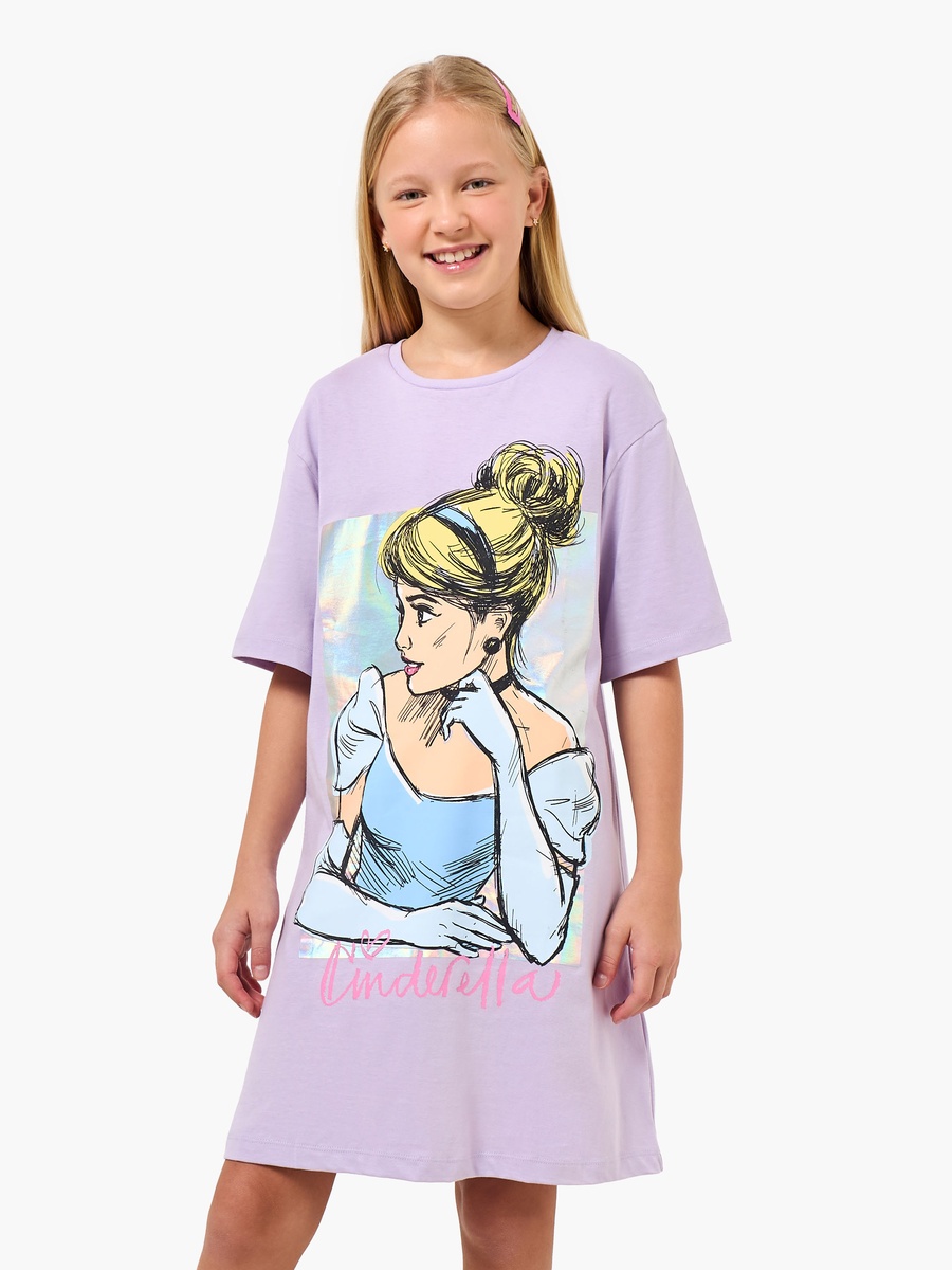 Round Neck Short Sleeves Knee Length Shift Dress with Cinderella Print