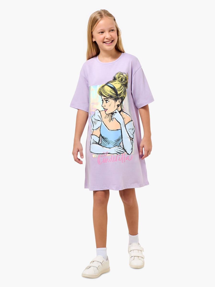 Round Neck Short Sleeves Knee Length Shift Dress with Cinderella Print