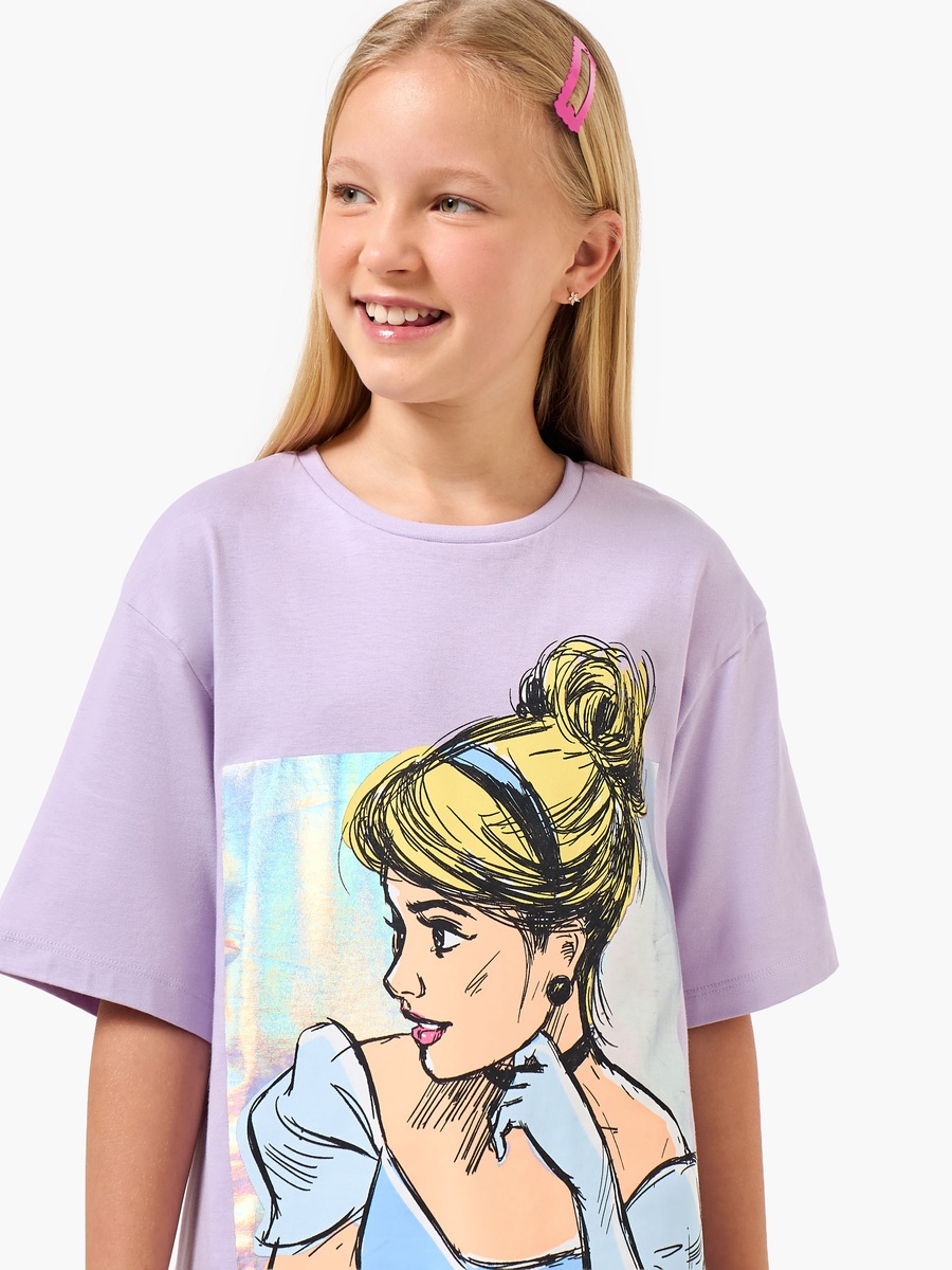 Round Neck Short Sleeves Knee Length Shift Dress with Cinderella Print