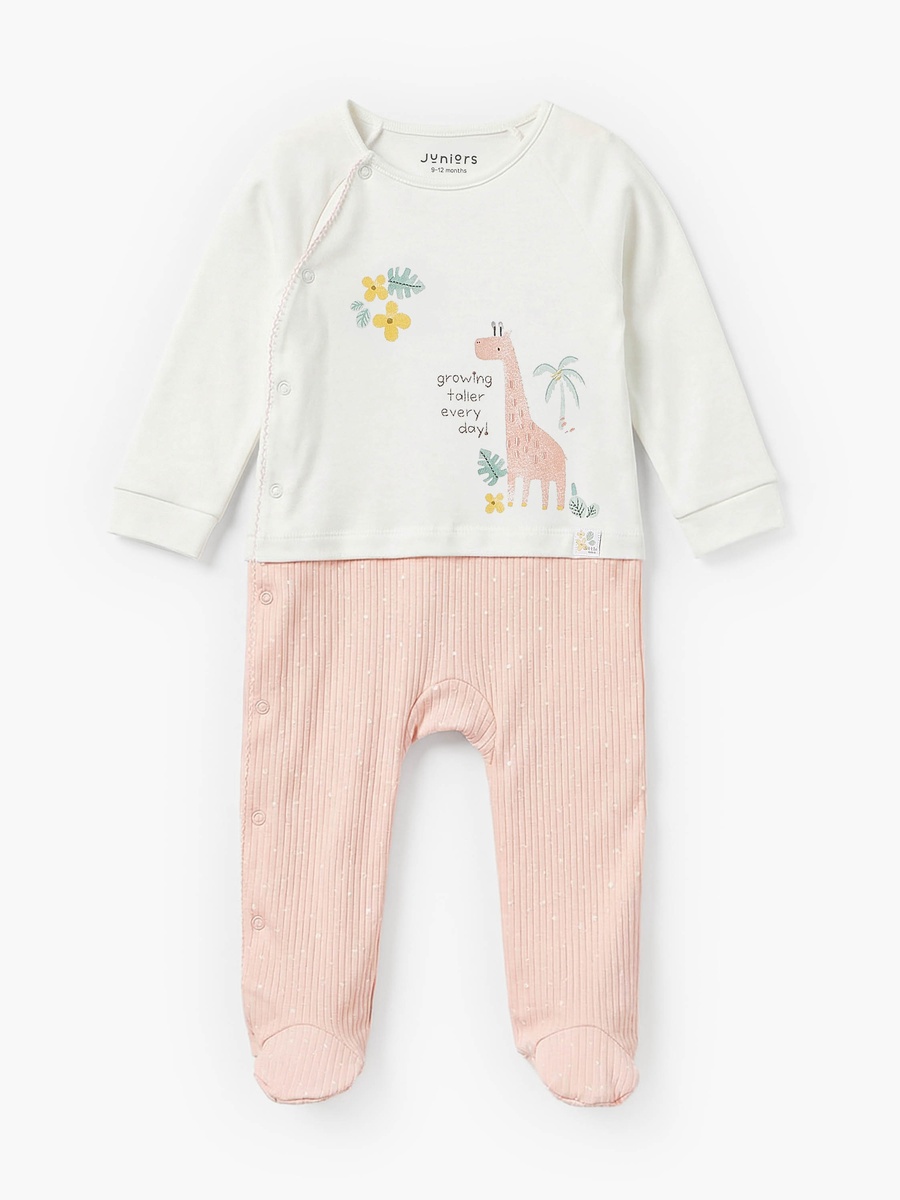Cotton Round Neck Long Sleeves Sleepsuit with Giraffe Embroidery