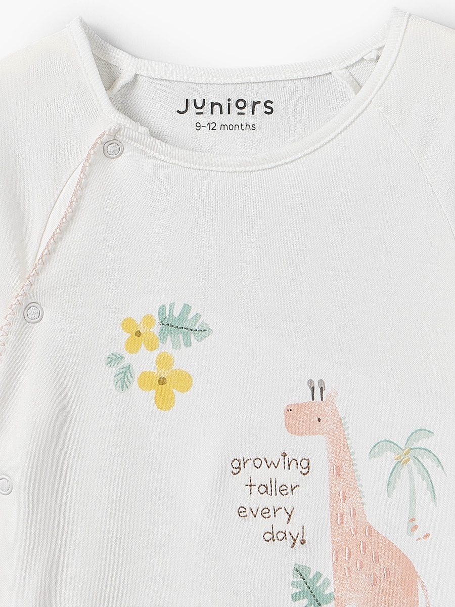 Cotton Round Neck Long Sleeves Sleepsuit with Giraffe Embroidery