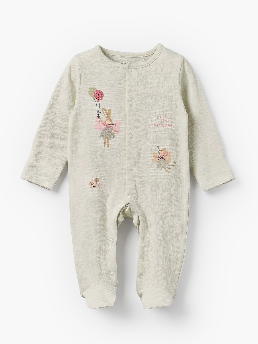 Crew Neck Long Sleeves Sleepsuit with Applique Bunny Design