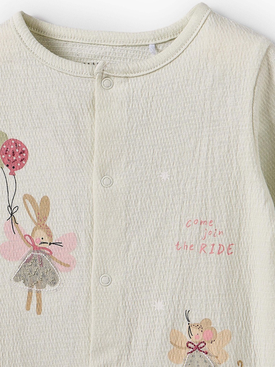 Crew Neck Long Sleeves Sleepsuit with Applique Bunny Design