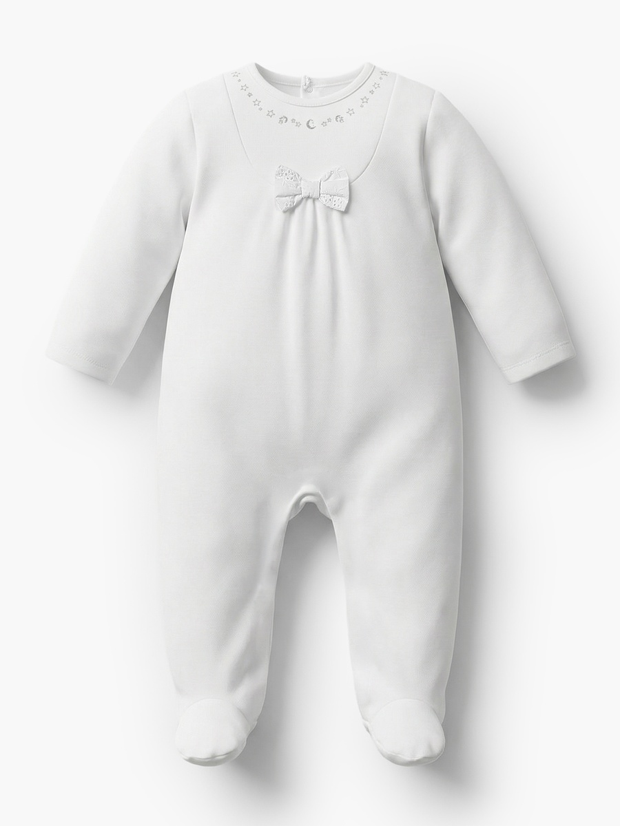 Cotton Round Neck Long Sleeves Sleepsuit with Moon and Star Embroidery