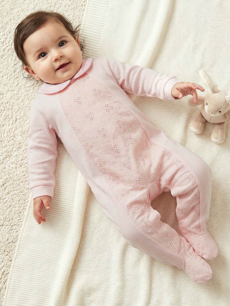 Cotton Collared Neck Long Sleeve Sleepsuit with Embroidery