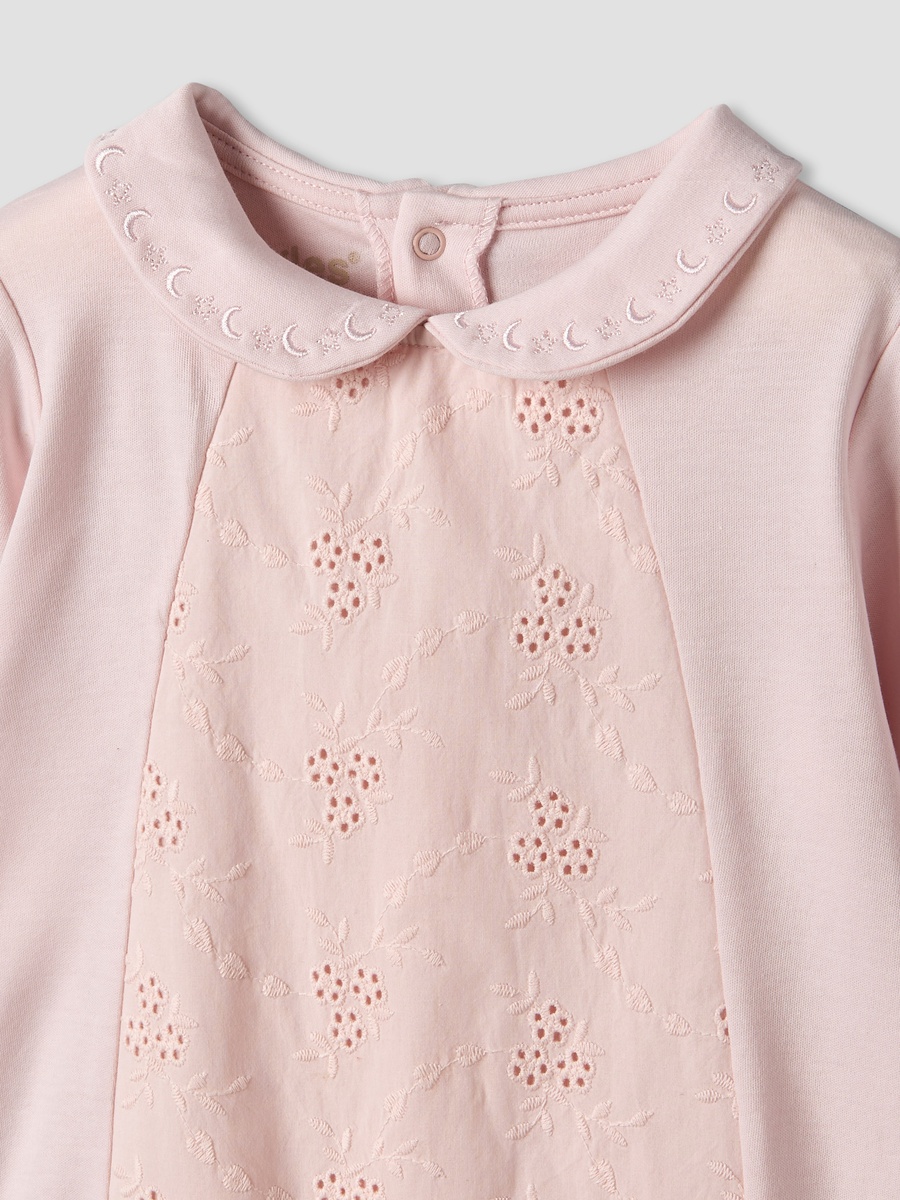 Cotton Collared Neck Long Sleeve Sleepsuit with Embroidery