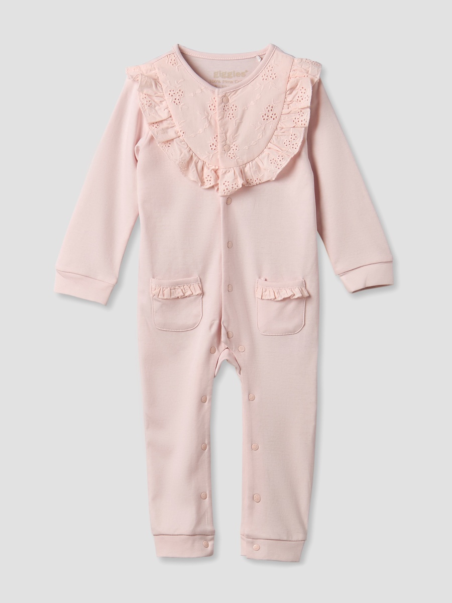 Cotton Round Neck Long Sleeves Sleepsuit with Embroidered Ruffles