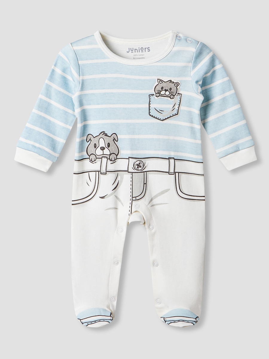 Cotton Round Neck Long Sleeves Sleepsuit with Applique Detail