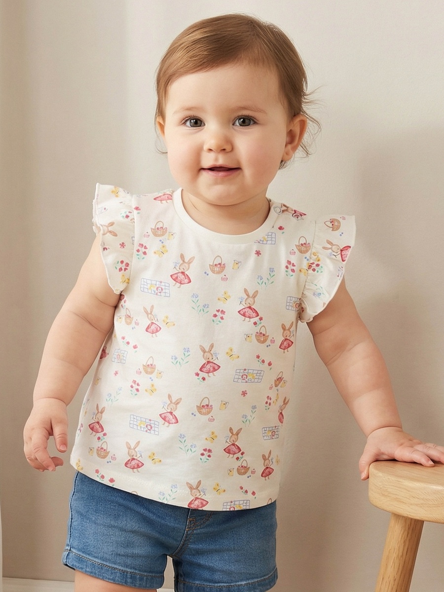Round Neck Sleeveless T-Shirt with Bunny Print