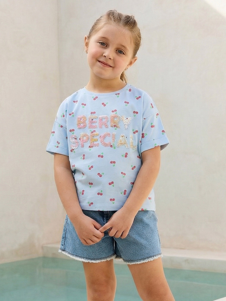Crew Neck Short Sleeves T-Shirt with Cherry Print