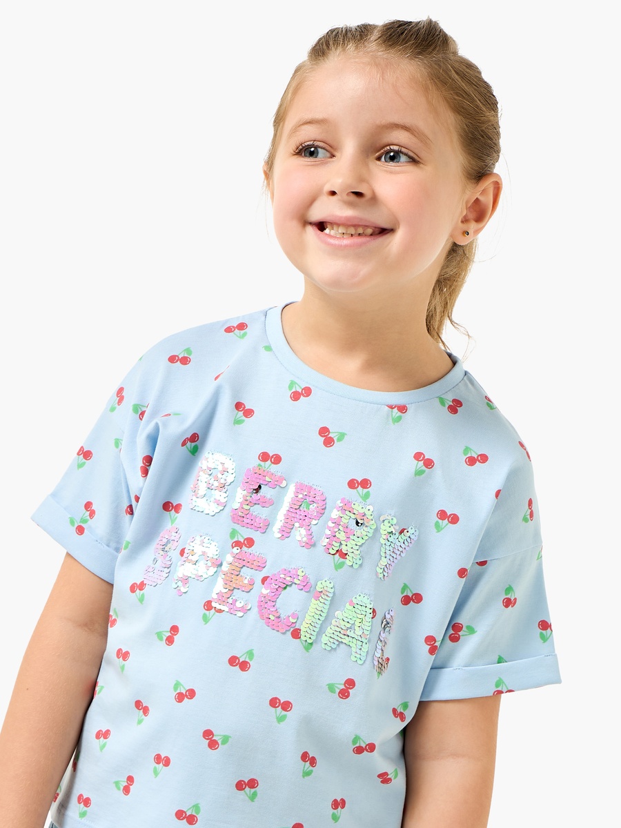 Crew Neck Short Sleeves T-Shirt with Cherry Print