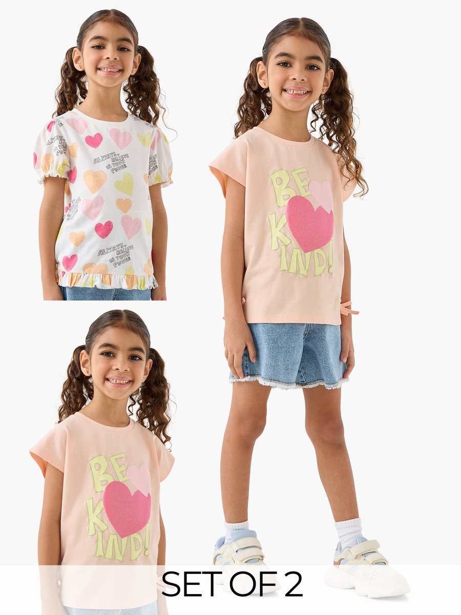 Pack of 2 Round Neck Short Sleeves T-Shirt with Heart Print