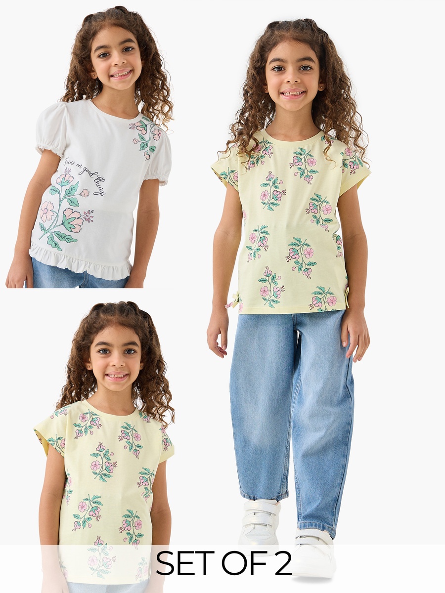 Pack of 2 Round Neck Short Sleeves T-Shirt with Floral Print