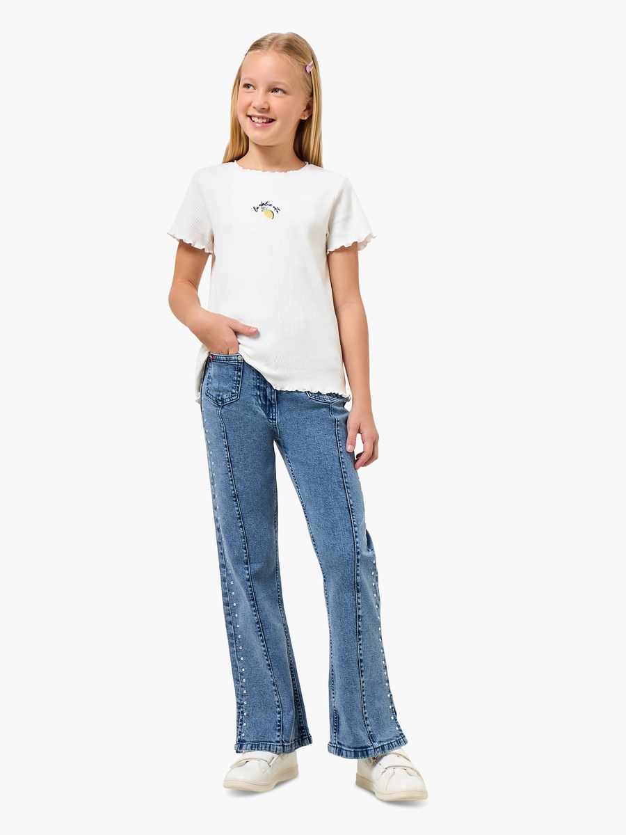 Crew Neck Short Sleeves T-Shirt with Lemon Embroidery
