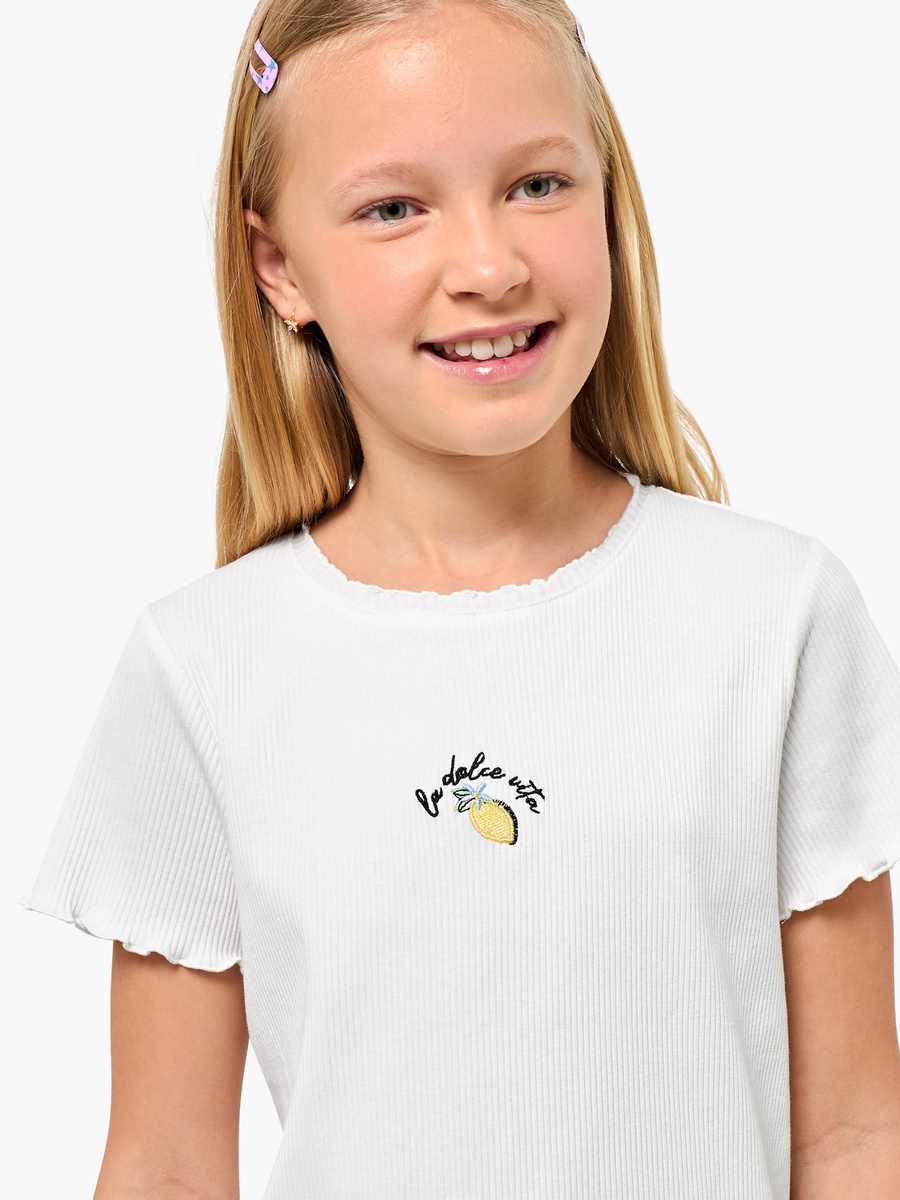 Crew Neck Short Sleeves T-Shirt with Lemon Embroidery