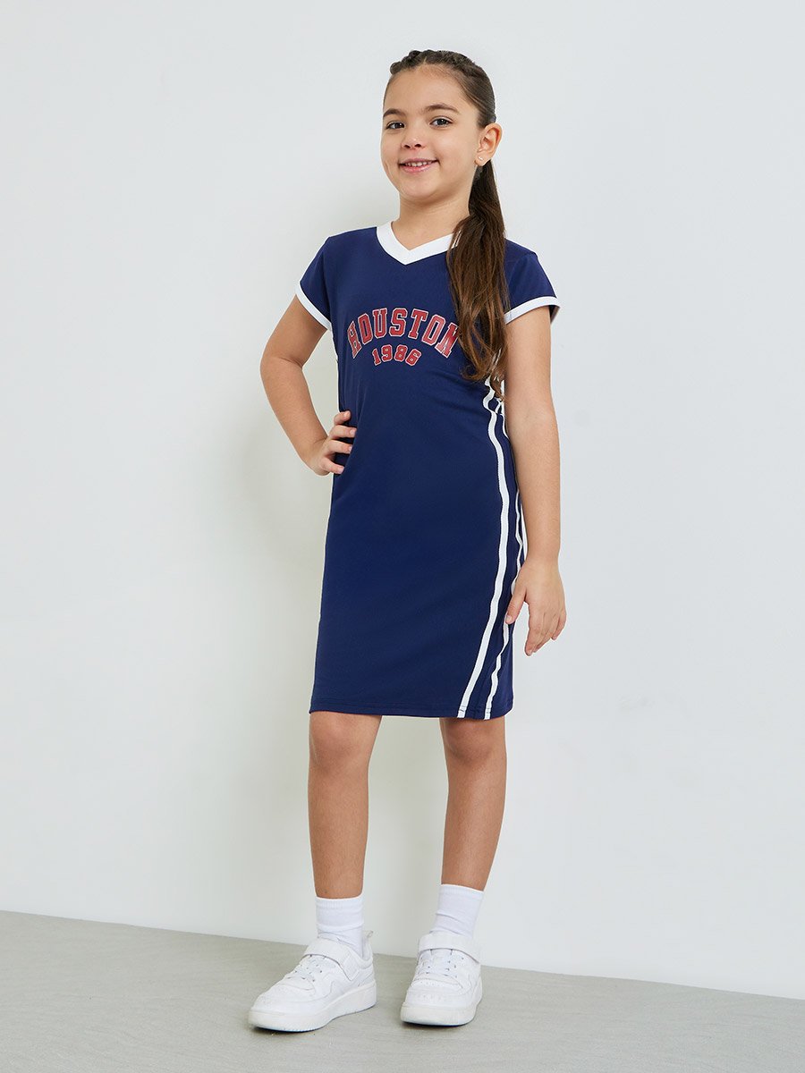 Girls Navy V Neck Printed Bodycon Dress