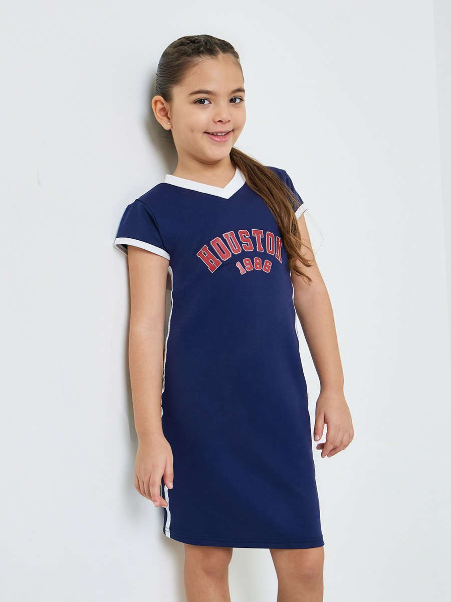 Girls Navy V Neck Printed Bodycon Dress