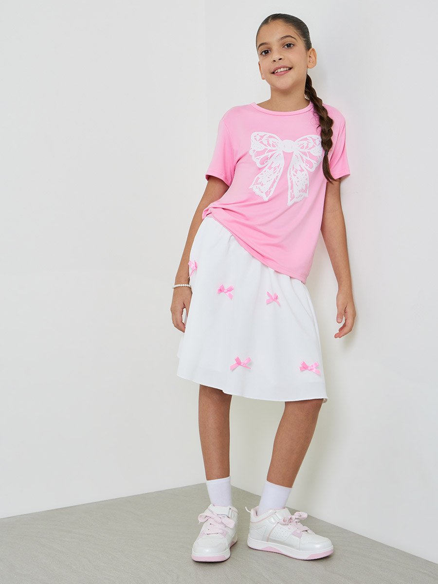 Teens Pink Bow T-Shirt and Knee Length Skirt Set